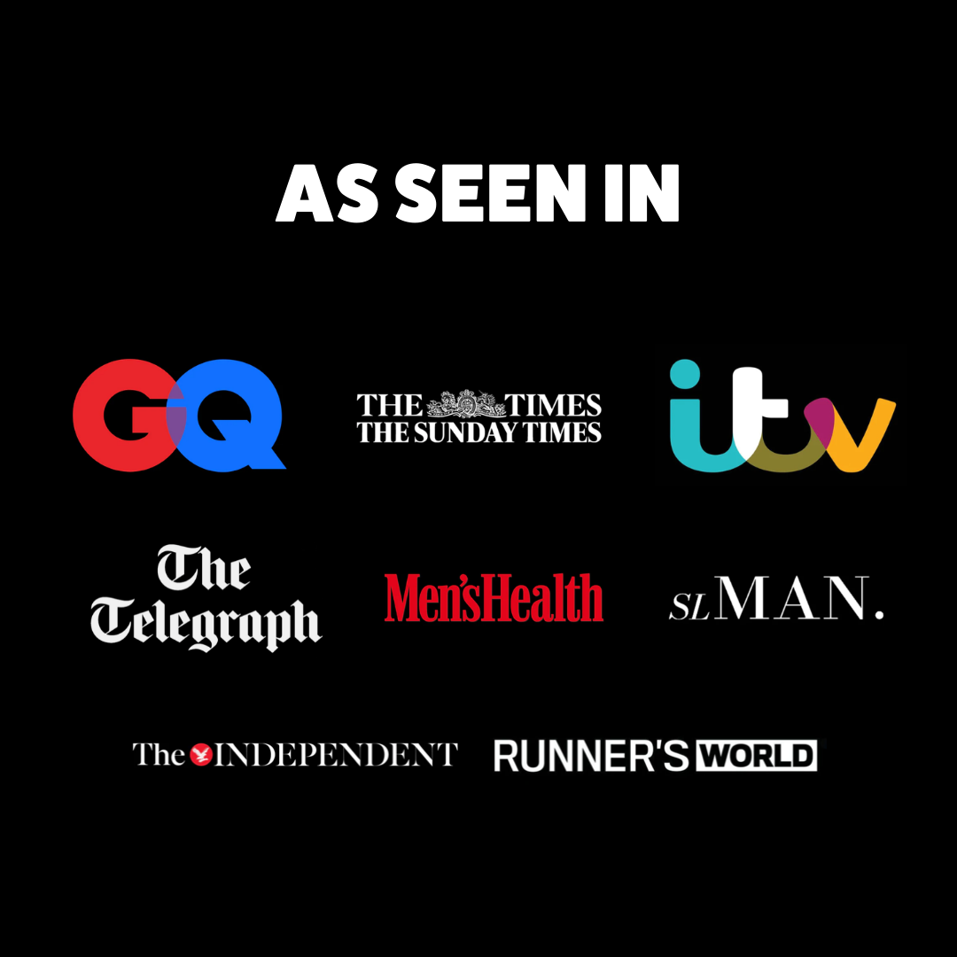 
                  
                    Logos of various publications including GQ, The Times, ITV, The Telegraph, Men's Health, SL MAN, The Independent, and Runner's World on a black background.
                  
                