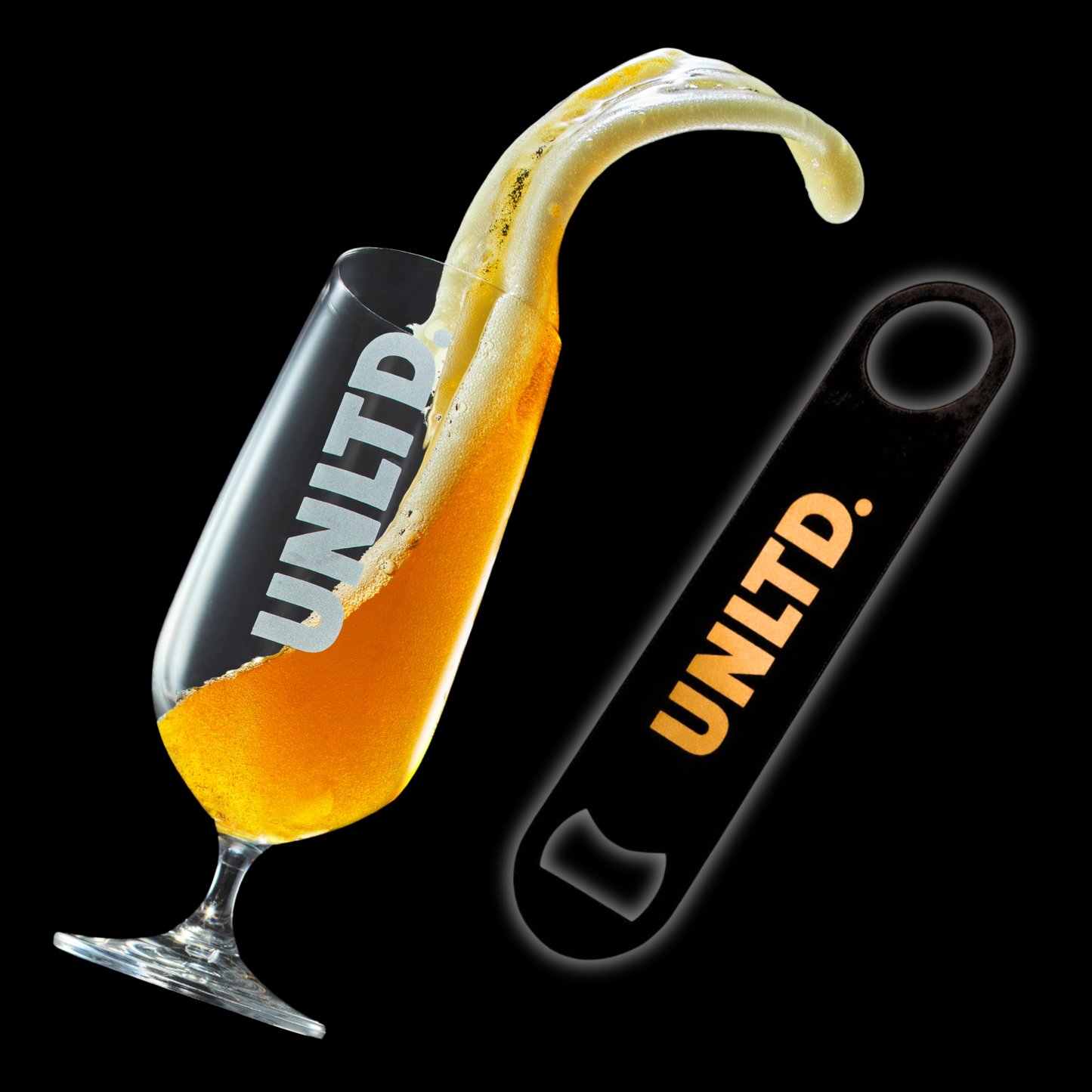 Beer glass and bottle opener with 'UNLTD.' branding on a black background