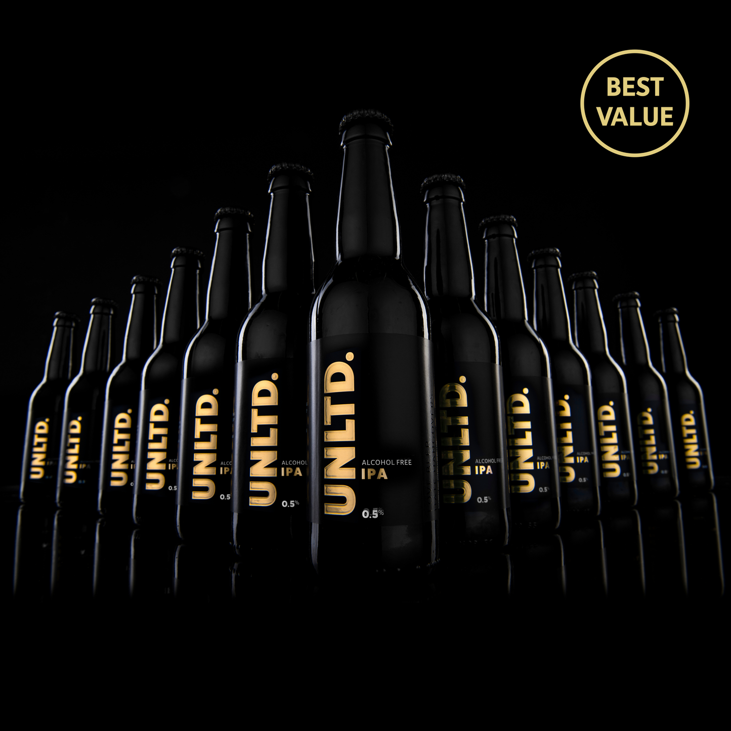 
                  
                    Multiple bottles of UNLTD IPA arranged in a row with 'Best Value' label on a black background.
                  
                