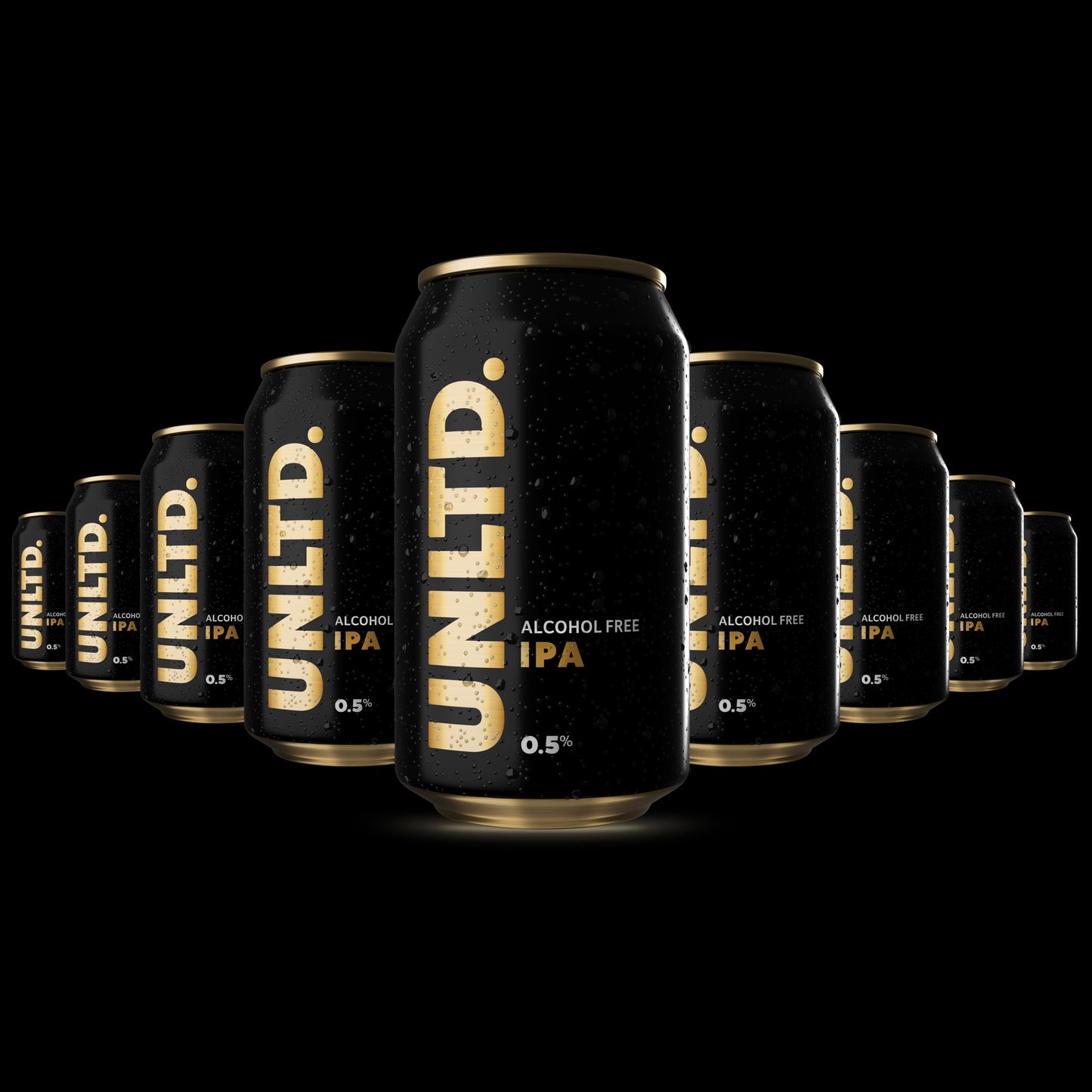 Multiple cans of UNLTD alcohol-free IPA on a black background