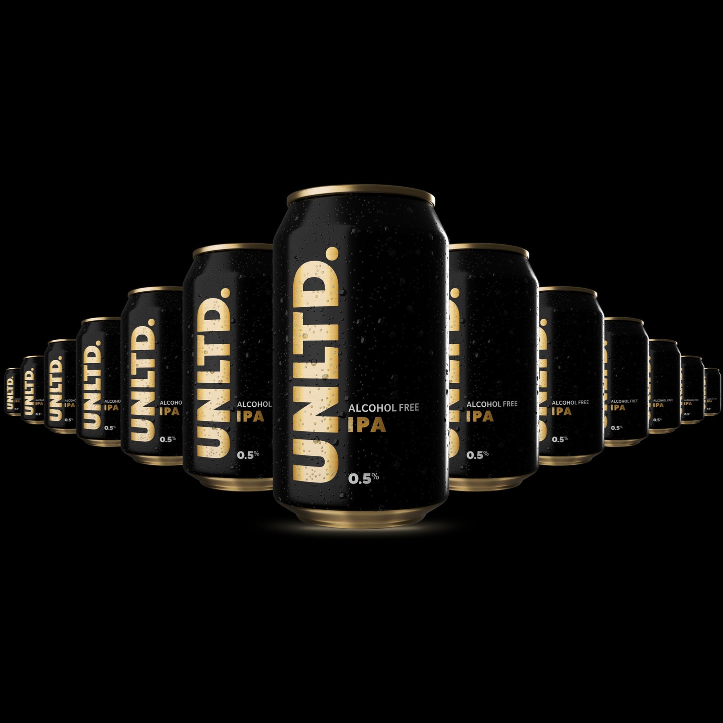
                  
                    Row of UNLTD alcohol-free IPA cans on a black background
                  
                