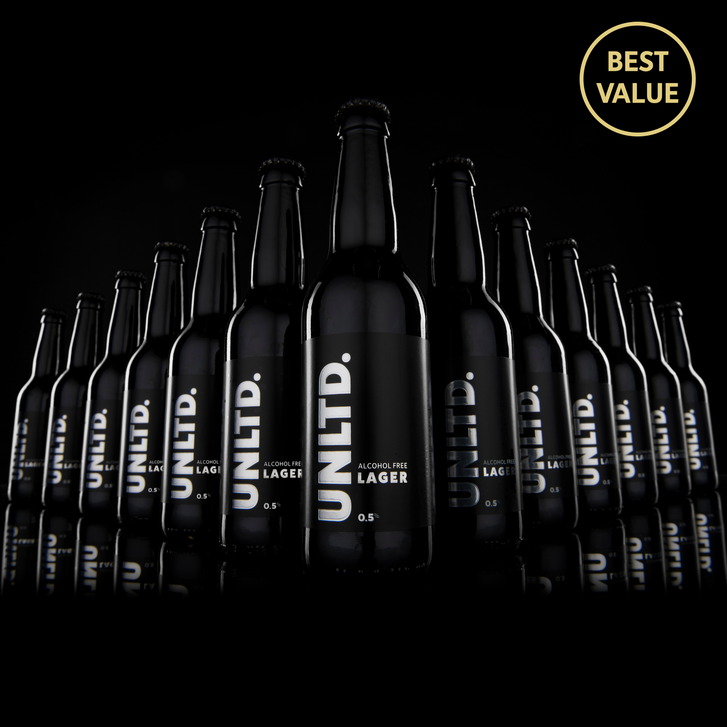 
                  
                    Row of UNLTD. Lager bottles with 'Best Value' text on a black background
                  
                