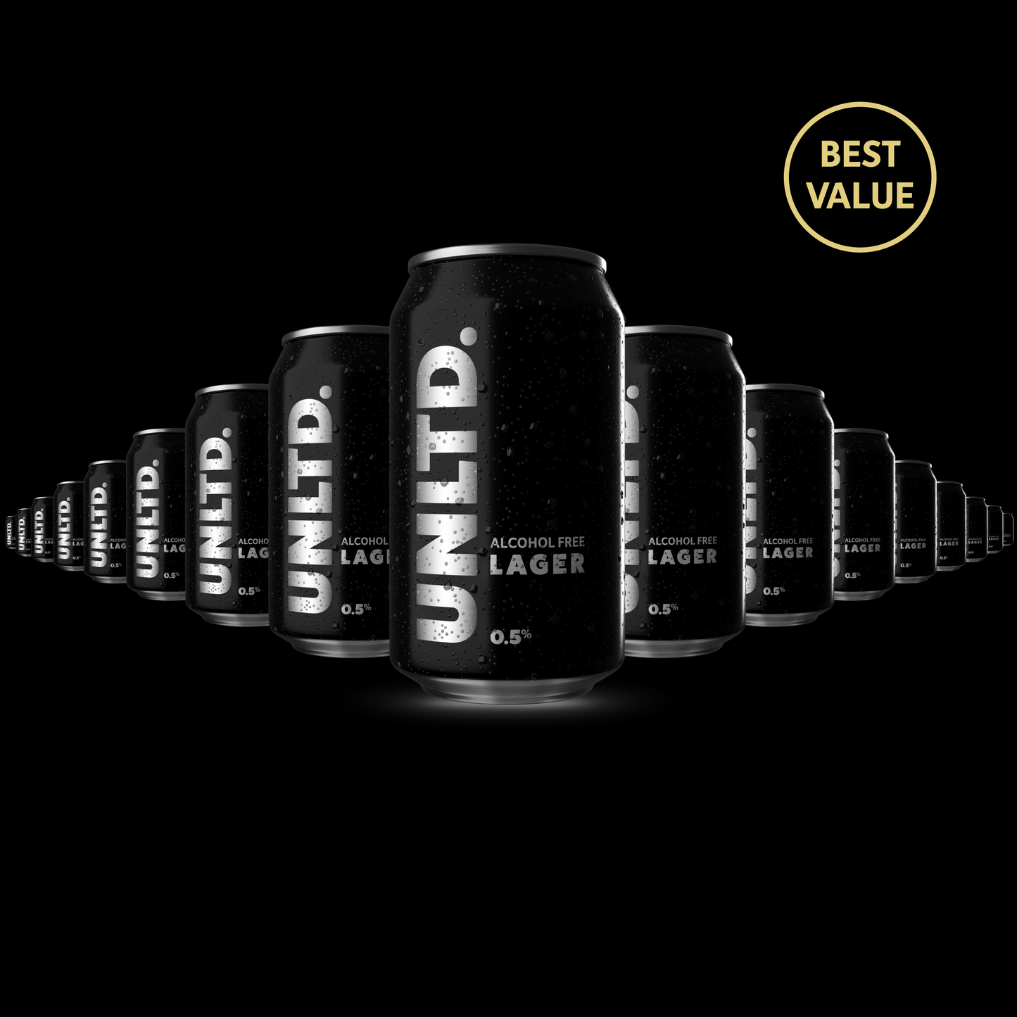 
                  
                    Row of UNLTD alcohol-free lager cans with a 'Best Value' badge on a black background
                  
                