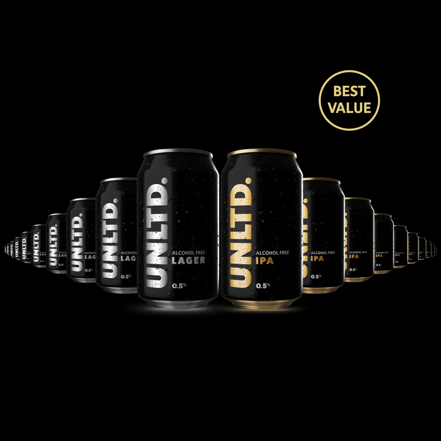 
                  
                    Row of UNLTD. alcohol-free beer cans on a black background with 'Best Value' badge.
                  
                